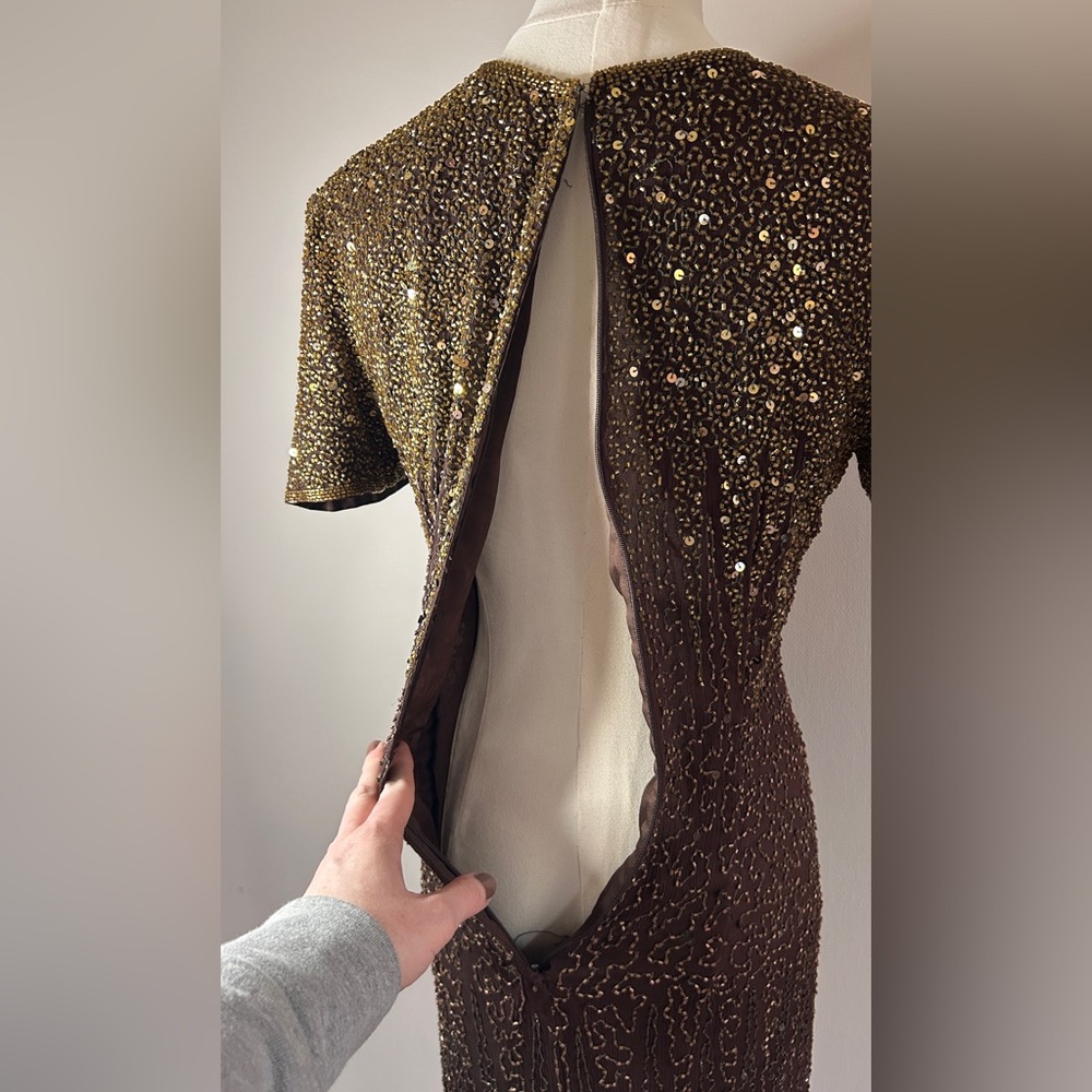 VINTAGE STENAY Silk Brown Bead Gown Art Deco Hollywood Glam Formal Maxi Dress 2 - Picture 13 of 13
